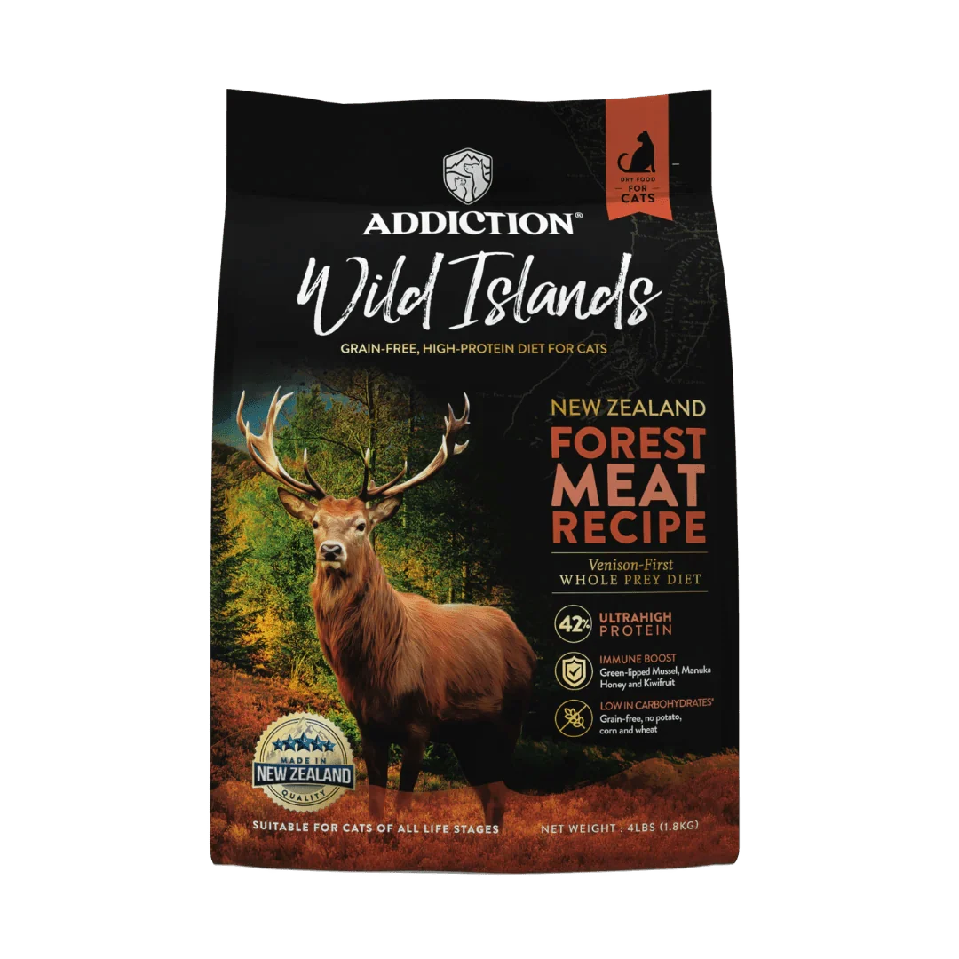 Wild Islands Forest Meat venison dry cat food bag, Addiction Pet Foods USA, sold through Sniff and Shift