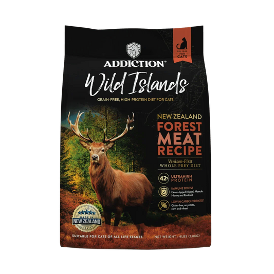 Wild Islands Forest Meat venison dry cat food bag, Addiction Pet Foods USA, sold through Sniff and Shift