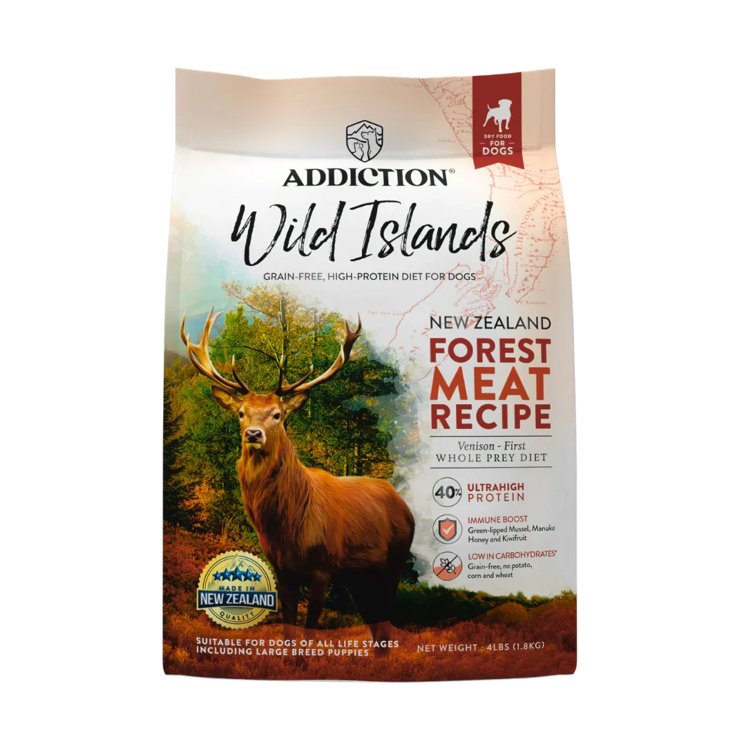 Wild Islands Forest Meat dry dog food bag, Addiction Pet Foods USA, sold through Sniff and Shift