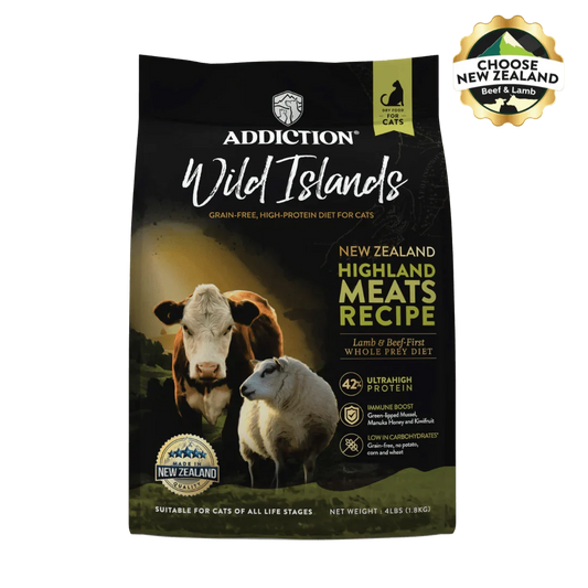 Wild Islands Highland Meats beef and lamb dry cat food bag, Addiction Pet Foods USA, sold through Sniff and Shift