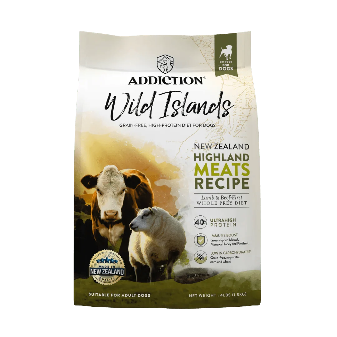 Wild Islands Highland Meats dry dog food bag, Addiction Pet Foods USA, sold through Sniff and Shift