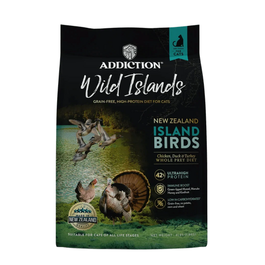 Wild Islands Island Bird dry cat food bag, Addiction Pet Foods USA, sold through Sniff and Shift