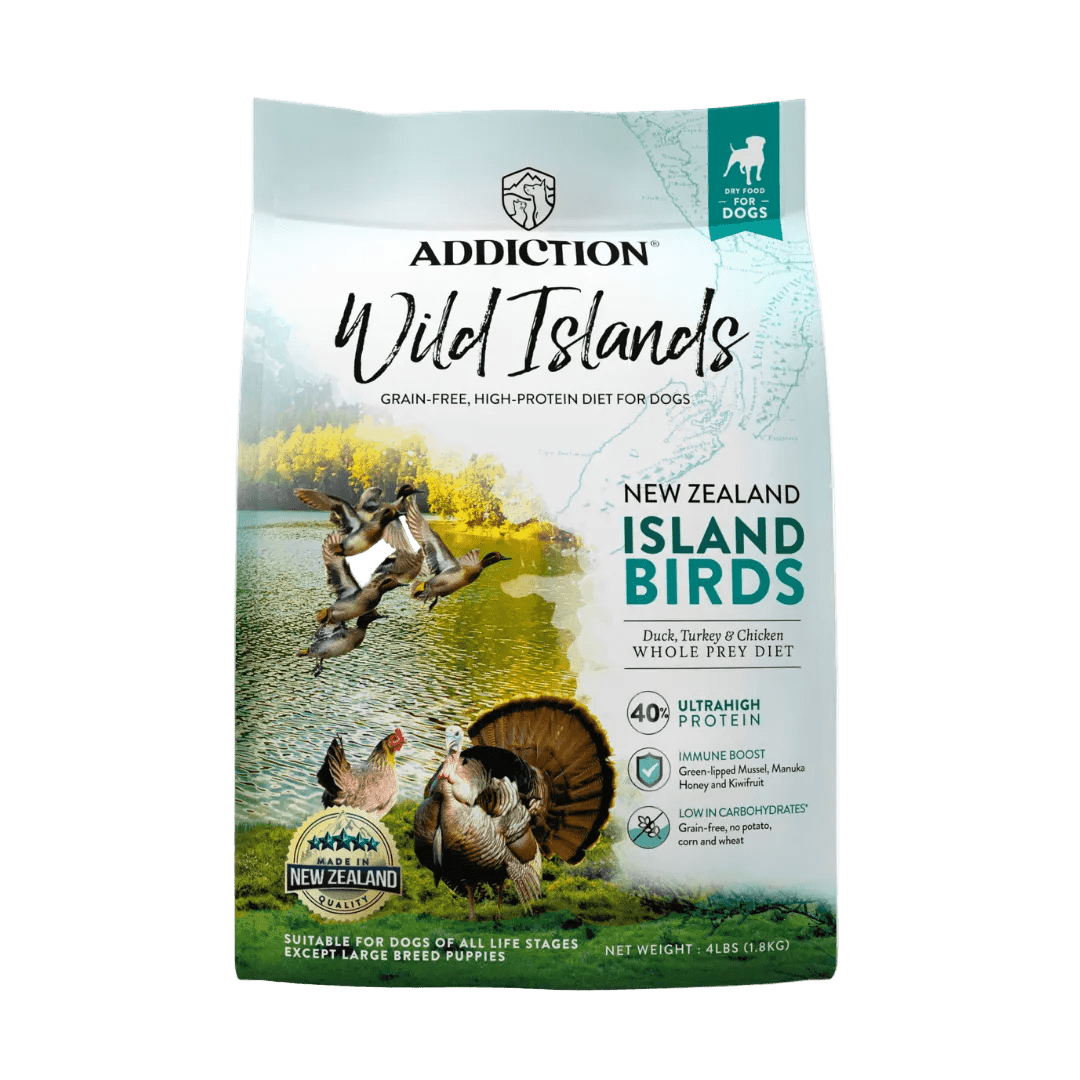 Wild Islands Island Bird duck, turkey, and chicken dry dog food bag, Addiction Pet Foods USA, sold through Sniff and Shift
