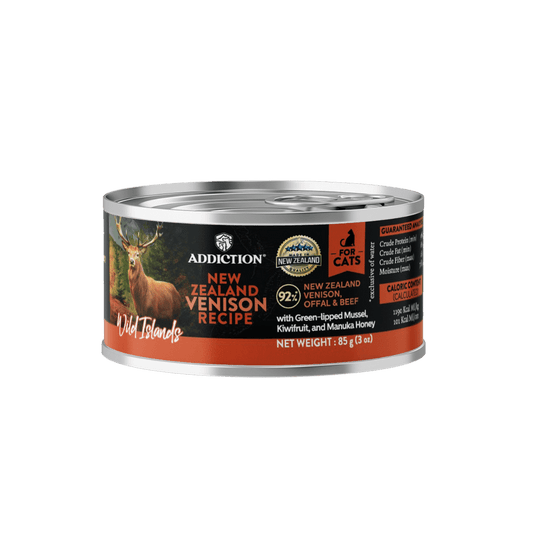 Wild Islands venison canned cat food 85g can, Addiction Pet Foods USA, sold through Sniff and Shift