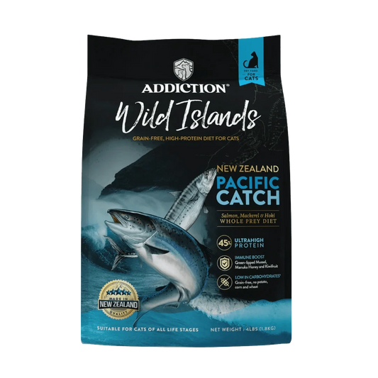 Wild Islands Pacific Catch king salmon and hoki dry cat food, Addiction Pet Foods USA, sold through Sniff and Shift