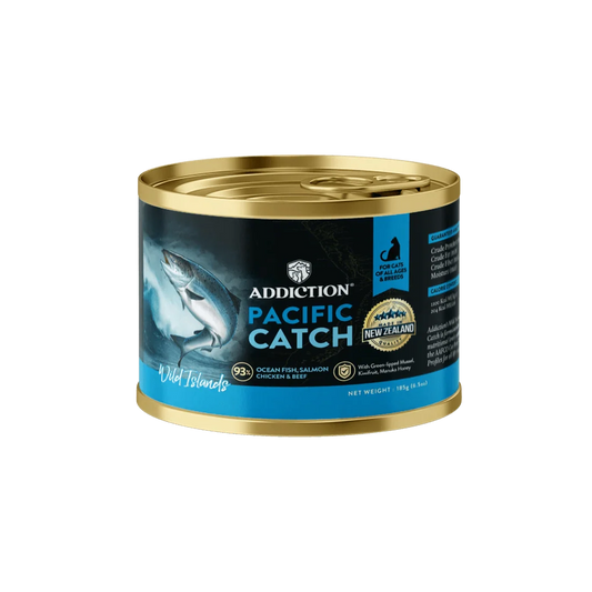 Wild Islands Pacific Catch ocean fish and salmon canned cat food, Addiction Pet Foods USA, sold through Sniff and Shift