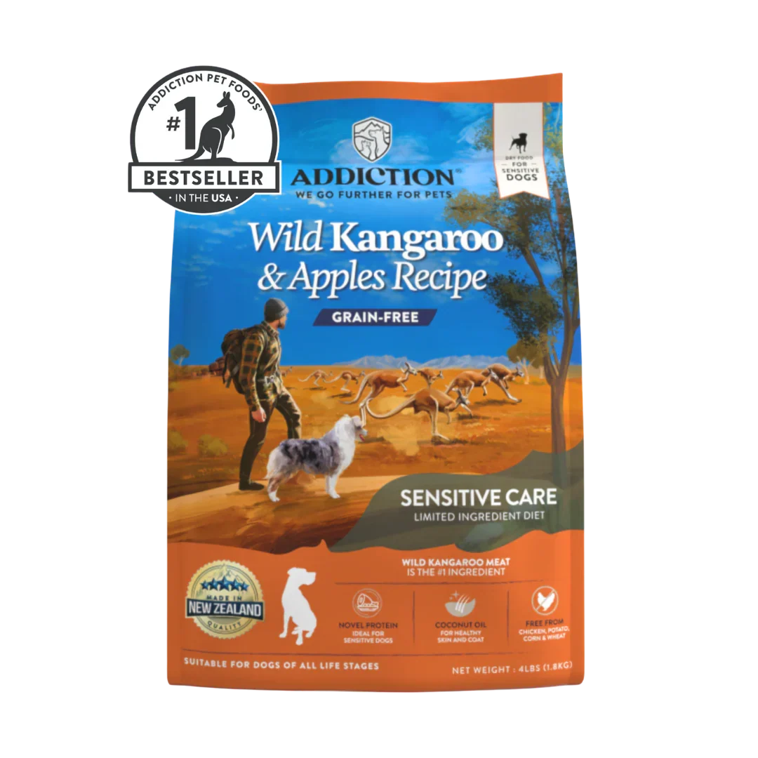 Wild Kangaroo & Apples dry dog food bag, Addiction Pet Foods USA, sold through Sniff and Shift