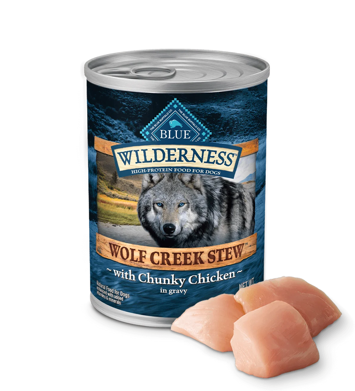 Can of Blue Buffalo Wilderness Wolf Creek chunky chicken stew, 12.5oz