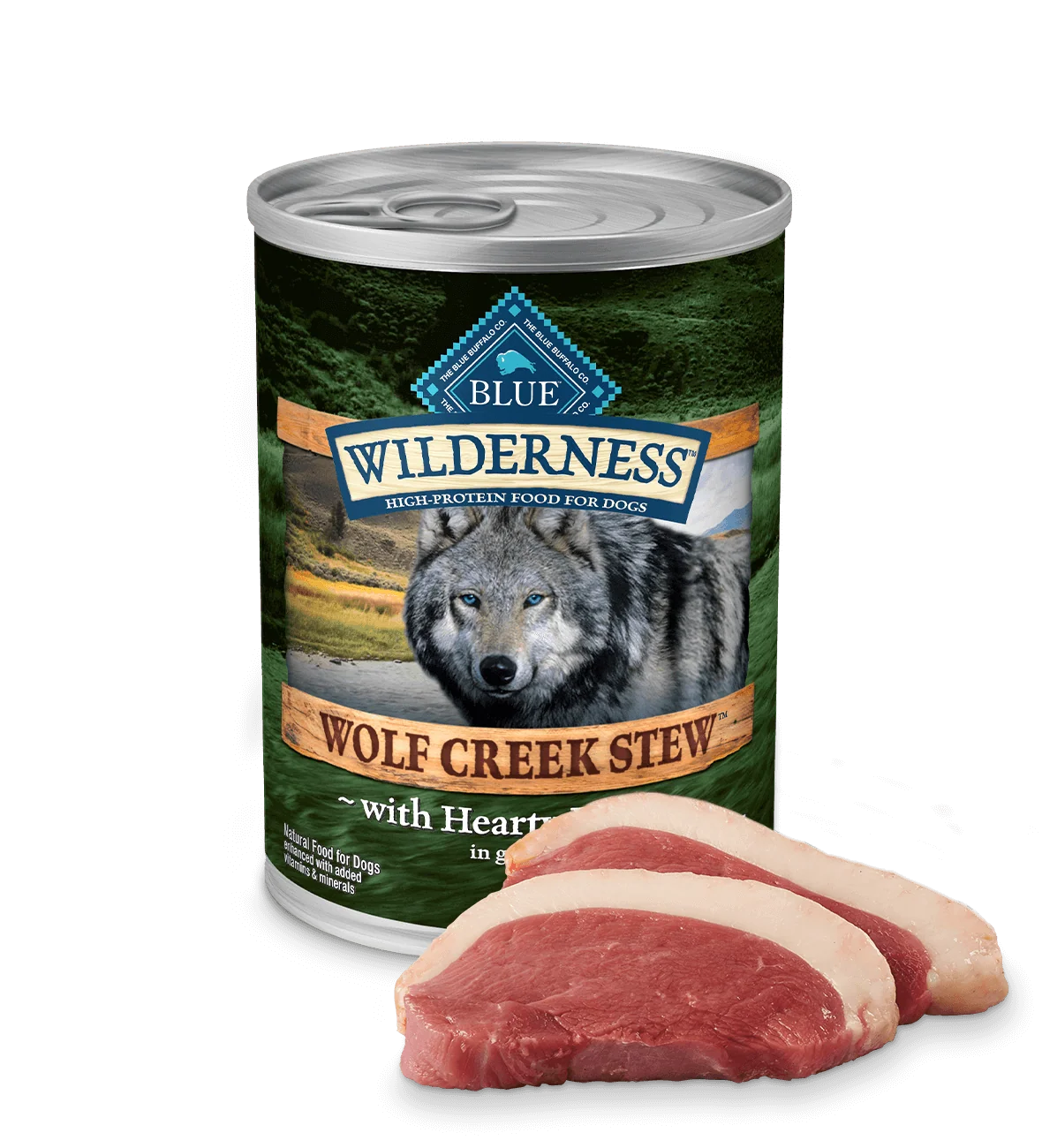 12.5oz can of Blue Buffalo Wilderness Wolf Creek Stew Hearty Duck Stew wet dog food