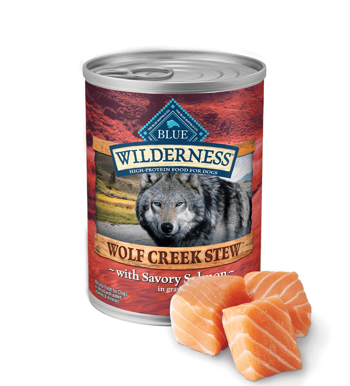 12.5oz can of Blue Buffalo Wilderness Wolf Creek Stew Savory Salmon Stew wet dog food