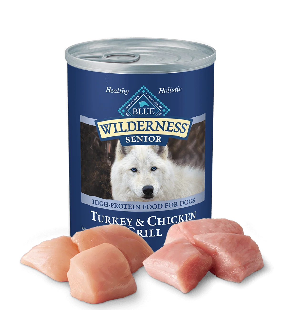 Can of Blue Buffalo Wilderness senior turkey and chicken wet dog food, 12.5oz