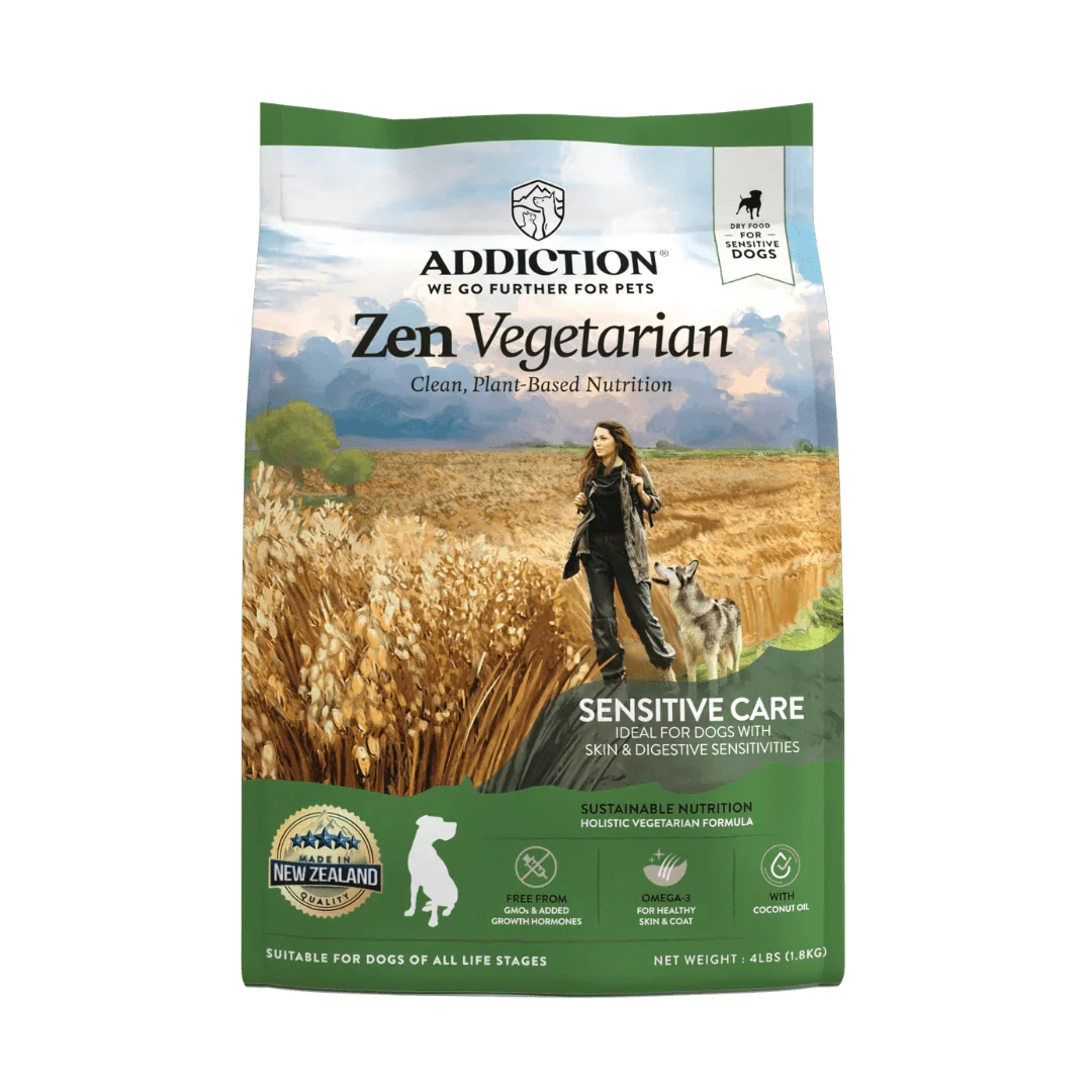 Zen Vegetarian plant-based dry dog food bag, Addiction Pet Foods USA, sold through Sniff and Shift